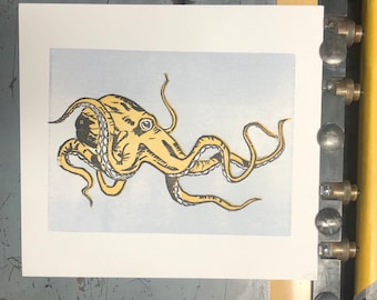 Octopus Wood Cut Original Print, Woodcut Animal Print, Printed by Hand