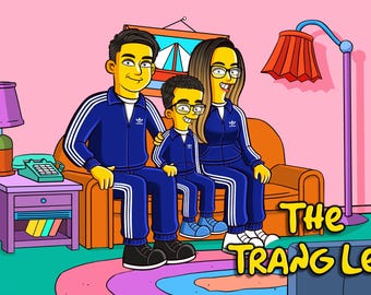 May include: A family portrait in the style of The Simpsons. The family is wearing matching blue tracksuits with white stripes. The image includes a sofa, a lamp, a telephone, and the text "The TRANG LES".