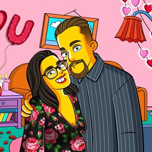 Caricatura de pareja al estilo de Los Simpson, retrato personalizado a partir de tu foto, ilustración digital para aniversario, regalo romántico o decoración de pared para el hogar.
