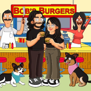 Benutzerdefinierte Bob Familienporträt, Familien Cartoon Porträt, Zeichnung vom Foto, Vatertagsgeschenk, benutzerdefiniertes Cartoon Paar in der Burger Shop Szene