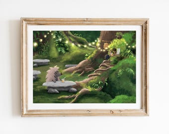 May include: A framed art print depicts a whimsical forest scene. A hedgehog-like creature sits at a stone table with a drink. The artwork features lush greenery, fairy lights, and a small dwelling, creating a cozy, inviting atmosphere.