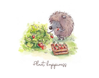 Plant happiness Postcard, hedgehog card, strawberries, gardening