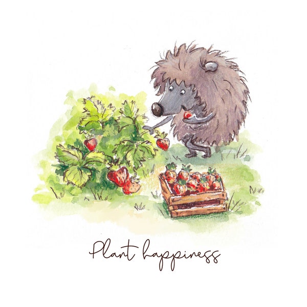 Plant happiness Postcard, hedgehog card, strawberries, gardening