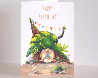 Tarjeta de cumpleaños de ratón caprichosa: Ilustración de cabaña en el bosque
