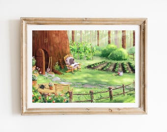 May include: A framed watercolor print depicts a whimsical garden scene. A hedgehog reads in a wooden chair near a tree. A garden with rows of plants, a wooden fence, and a small table with flowers are also visible. The artwork is framed in a light brown wooden frame.