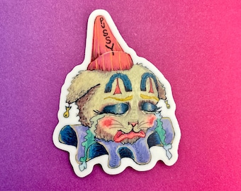Crying Cat Clown Sticker: Shiny Waterproof Vinyl (3x3.5in)