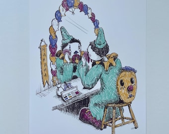 Peut inclure: Illustration fantaisiste d'un clown se maquillant devant un miroir. Le clown porte une tenue turquoise et un chapeau pointu. Une bannière avec le mot "HAHAHA" est visible. Un tabouret avec un visage de clown est derrière le clown.