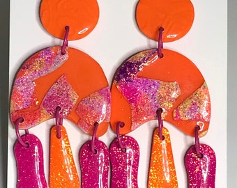 Orange Pink Glitter Earrings / Glitter Earrings / Orange Glitter Earrings / Pink Glitter Earrings / Designer Earrings / Big Bold Earrings