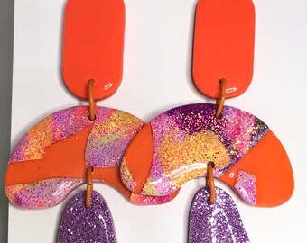 Orange Mauve Glitter Earrings / Glitter Earrings / Orange Glitter Earrings / Mauve Glitter Earrings / Designer Earrings / Big Bold Earrings