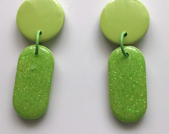 Green Glitter Earrings / Glitter Earrings / Designer Earrings / Long  Earrings / Big Bold Earrings / Titanium Posts / Polymer Clay Earrings