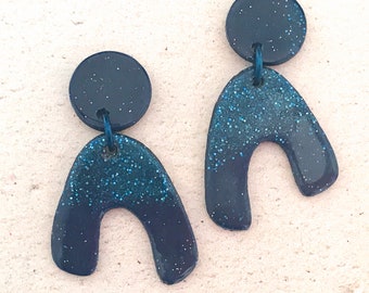 Navy Blue Glitter Earrings/Dark Blue Glitter Earrings/Dark Blue Earrings/Dark Blue Statement Earrings/Titanium Posts/Polymer Clay Earrings