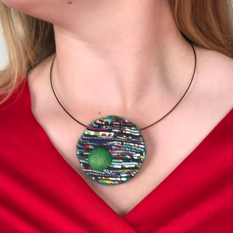 Bold Striking Unusual Elegant Large Modern Statement Organic Black Green Stained Glass Look Polymer Clay Pendant