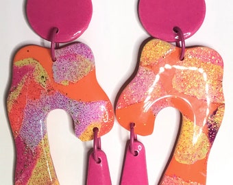 Orange Pink Glitter Earrings / Glitter Earrings / Orange Glitter Earrings / Pink Glitter Earrings / Designer Earrings / Big Bold Earrings