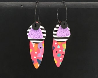 Retro Pink Hoops / Orange Pink Earrings / Rainbow Pink Earrings / Statement Hoops / Polymer Clay Earrings