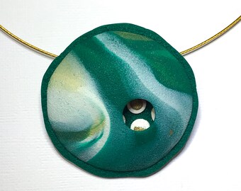 Stylish Elegant Handmade Unique Domed Teal White Gold Polymer Clay Pendant/Brooch