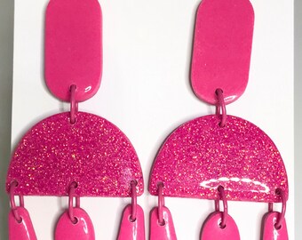 Pink Glitter Earrings / Hot Pink Glitter Earrings / Glitter Earrings / Designer Earrings / Big Bold Earrings / Polymer Clay Earrings