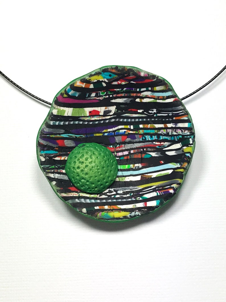 Bold Striking Unusual Elegant Large Modern Statement Organic Black Green Stained Glass Look Polymer Clay Pendant