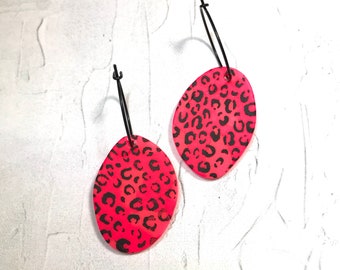 Neon Pink Earrings / Fluro Pink Earrings / Statement Earrings / Leopard Print Earrings /  Titanium Stud Earrings / Polymer Clay Earrings