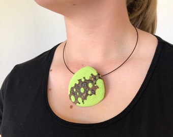 Stunning Bold Bright Unique Spring Feeling Geometric Shape Modern Colourful Volcanic Lightweight Lime Green Brown Black Polymer Clay Pendant