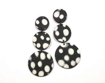 Oversized Stunning Elegant Big Bold Monochromatic Large Modern Lightweight Stylish Handmade Black White Dot Polymer Clay Long Stud Earrings