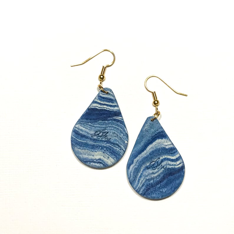 Statement Unique Stylish Very Lightweight Modern Teardrop Navy Blue White Gold Teardrop Polymer Clay Gold Hook Earrings