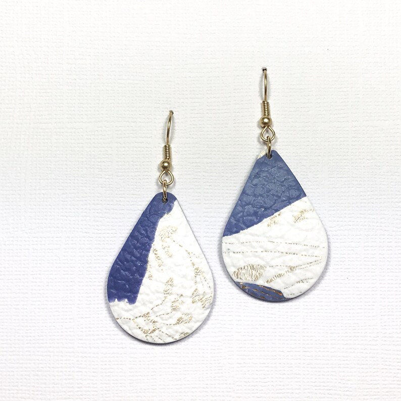 Statement Unique Stylish Very Lightweight Modern Teardrop Navy Blue White Gold Teardrop Polymer Clay Gold Hook Earrings