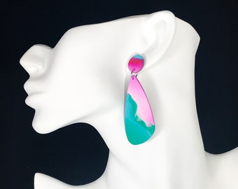 Elegant Lightweight Unique Handmade Turquoise Magenta Pink Polymer Clay Earrings