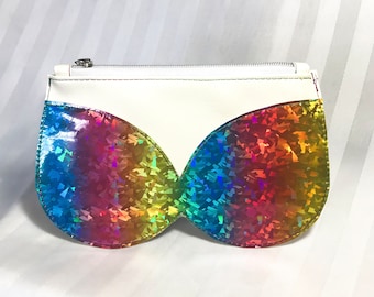 Cream Rainbow Faux Leather Bikini Wristlet Clutch /Off White Rainbow Pleather Bikini Wristlet Clutch / Beige Bikini Wristlet Clutch