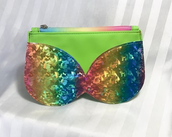 Green Rainbow Faux Leather Bikini Wristlet Clutch / Green Pleather Wristlet Clutch / Light Green Vinyl Bikini Wristlet Clutch