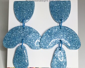 Blue Glitter Earrings / Glitter Earrings / Designer Earrings / Long  Earrings / Big Bold Earrings / Titanium Posts  Polymer Clay Earrings