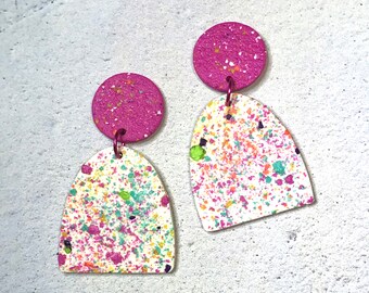 Magenta White Earrings/Magenta Earrings/White Earrings/Hot Pink Earrings/Multicoloured Earrings/Confetti Earrings/Titanium Post/Polymer Clay