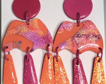 Orange Pink Glitter Earrings / Glitter Earrings / Orange Glitter Earrings / Pink Glitter Earrings / Designer Earrings / Big Bold Earrings