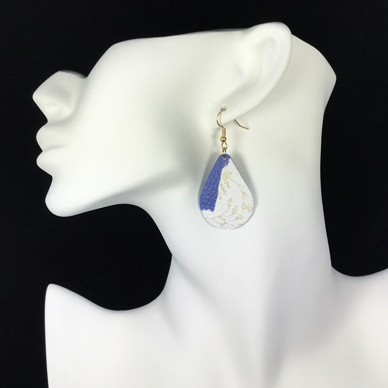 Statement Unique Stylish Very Lightweight Modern Teardrop Navy Blue White Gold Teardrop Polymer Clay Gold Hook Earrings