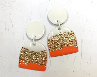 Orange White Gold Earrings / Resin Earrings / Statement Earrings / Orange Glitter Earrings /  Titanium Stud Earrings / Polymer Clay Earrings