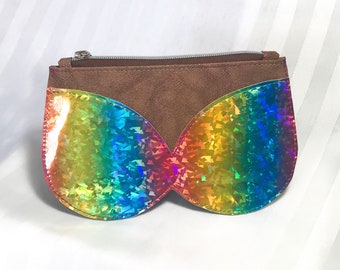 Brown Rainbow Holographic Bikini Faux Leather Wristlet Clutch / Brown Rainbow Pleather Wristlet Clutch / Pool Party Vegan Wristlet Clutch