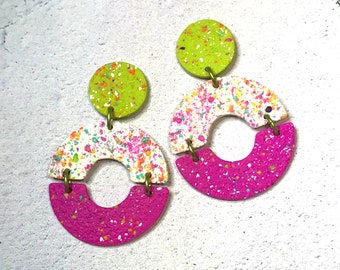 Green White Pink Earrings / Green Earrings / White Earrings / Pink Earrings / Multi-coloured Earrings / Titanium Posts/Polymer Clay Earrings