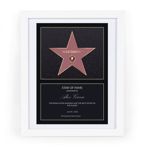 Hollywood Star of Fame Gepersonaliseerde kunst aan de muur / walk of fame kunst / erkenning award poster / Hollywood walk of fame award / Hollywood-ster