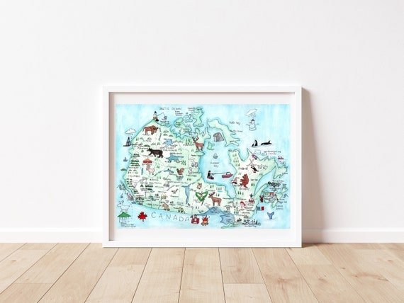 カナダ地図、水彩地図、観光名所、A4 アートプリント - Etsy 日本