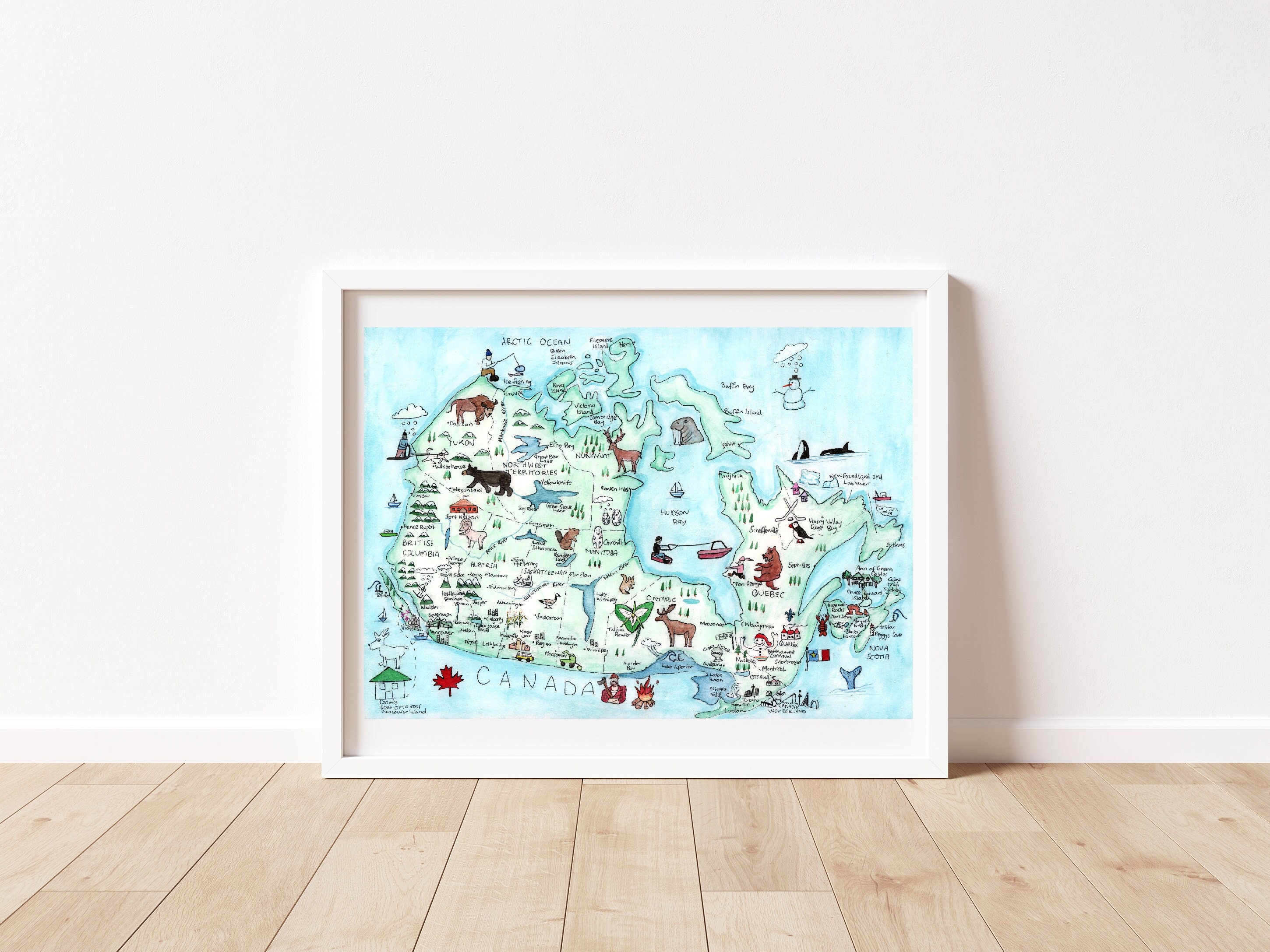 カナダ地図、水彩地図、観光名所、A4 アートプリント - Etsy 日本