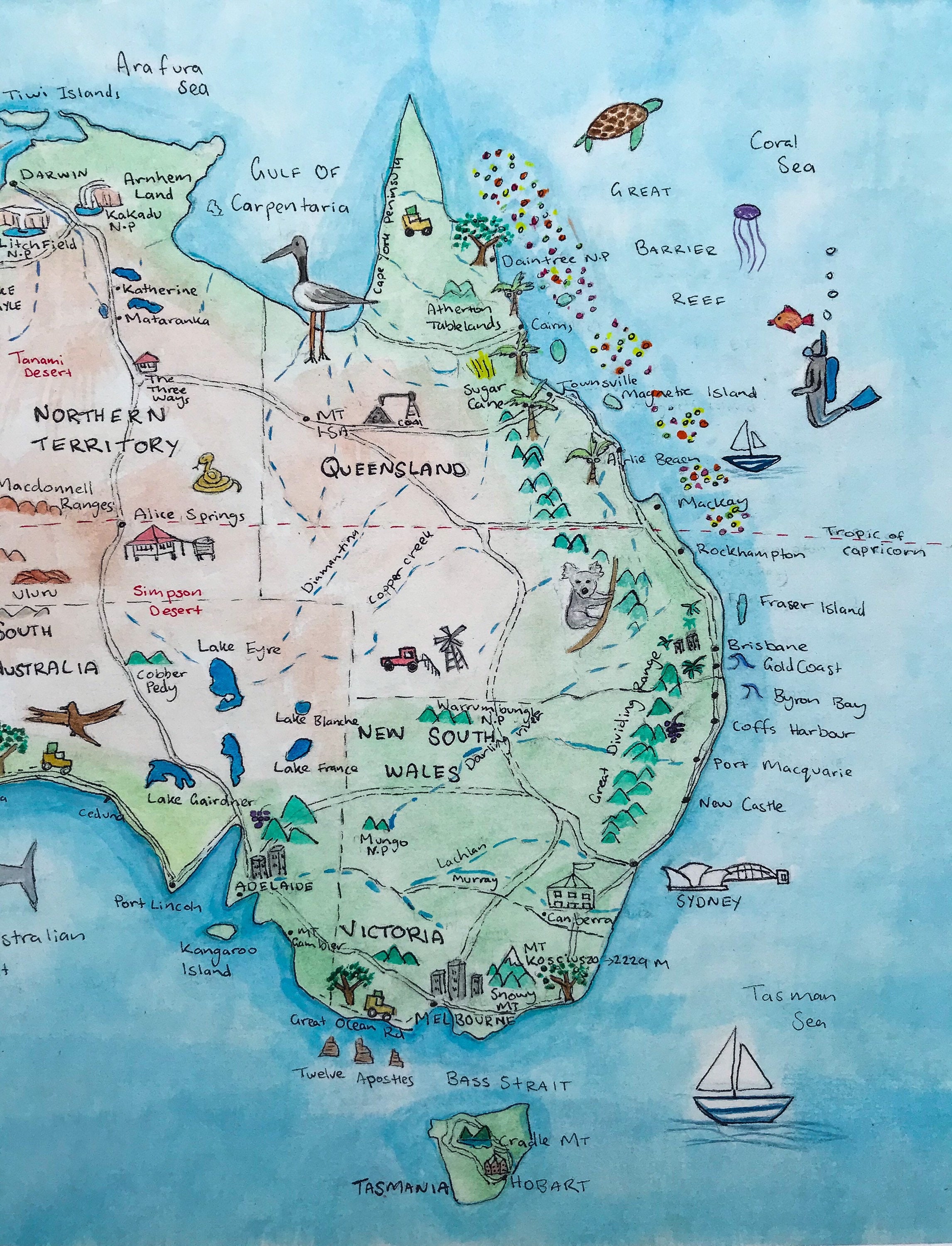 A4 Australian Map Art, Water Colour Map, Tourist Attraction, - Etsy
