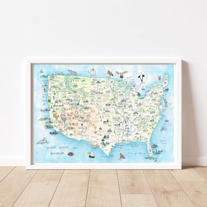 USA Wandkarte, Wasserkarte, Touristenattraktion, A4 Kunstdruck, Amerika