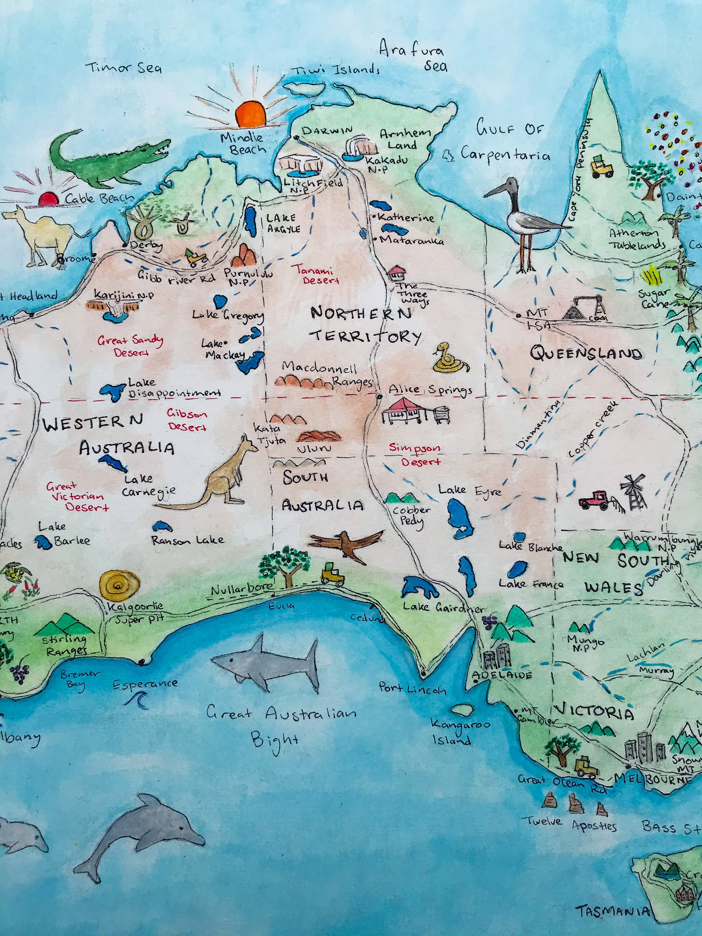 A4 Australian Map Art, Water Colour Map, Tourist Attraction