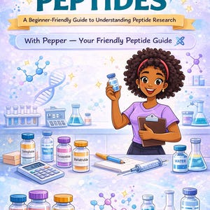 May include: An illustrated book cover titled "Pepper Ann's Guide to Peptides" with a cartoon of a woman holding a vial. The image includes lab equipment, vials labeled with drug names, and molecular diagrams. The text reads "A Beginner-Friendly Guide to Understanding Peptide Research."