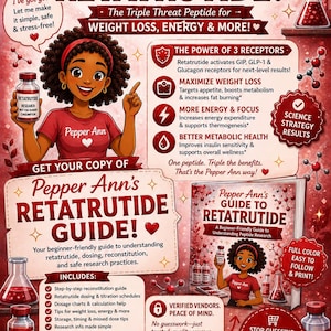 May include: An informational infographic titled Hey Peptide Girlie! Want to learn about Retatrutide? featuring a cartoon character, molecular diagrams, laboratory glassware, and text detailing a guide for understanding peptide research.