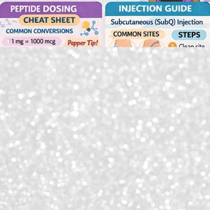 May include: An educational graphic titled "Pepper Ann's Peptide Research Toolkit" with sections on peptide dosing and injection guides. A cartoon woman holds vials. The text includes "Simple Guides for Beginner Peptide Research" and common conversions.