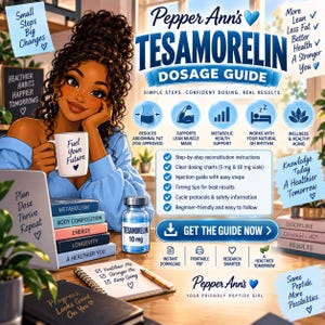 Puede incluir: Una infografía digital titulada Pepper Ann's Tesamorelin Dosage Guide con un personaje de dibujos animados que sostiene una taza con el texto Fuel Your Future. La guía incluye texto sobre salud metabólica, masa muscular y un botón de descarga.