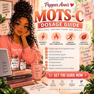 May include: A digital graphic titled Pepper Ann's MOTS-C DOSAGE GUIDE featuring an illustration of a person with curly hair, two vials labelled MOTS-C 10 mg and 5 mg, a mug labelled Fuel a Better You, and a list of guide contents and icons.