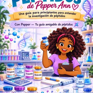 Puede incluir: Una portada de libro titulada La Guía de PÉPTIDOS de Pepper Ann con un personaje de dibujos animados sosteniendo un vial en un laboratorio. La imagen incluye varios viales etiquetados, jeringas, una calculadora y diagramas moleculares.