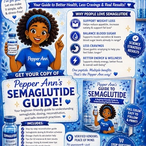 Puede incluir: Una infografía informativa titulada Pepper Ann's Semaglutide Guide, que presenta un personaje de dibujos animados, texto sobre pérdida de peso, azúcar en sangre y antojos, junto con ilustraciones de un vial, una jeringa y un libro.
