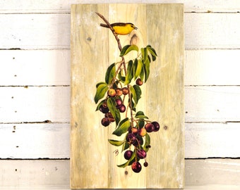 Wilson's Warbler on recycled, treated wood - one of a kind piece